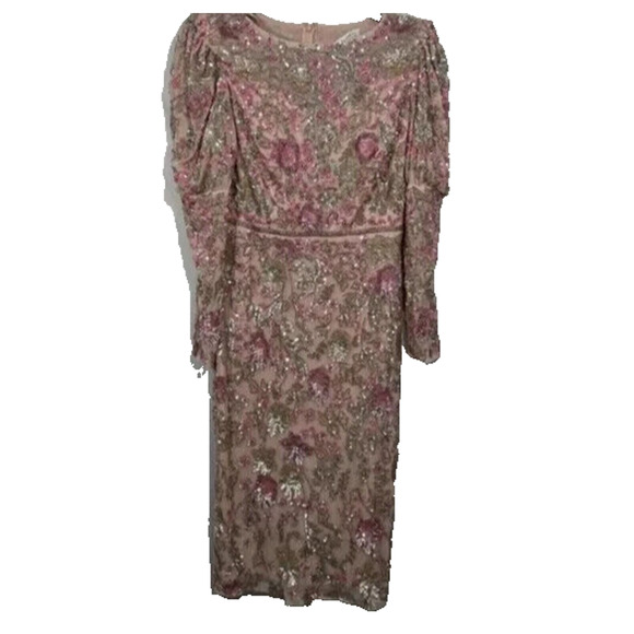 MAC DUGGAL SEQUIN MIDI PUFF SLEEVE EMBELLISHED PINK DRESS SZ 16 NEW - Picture 3 of 6